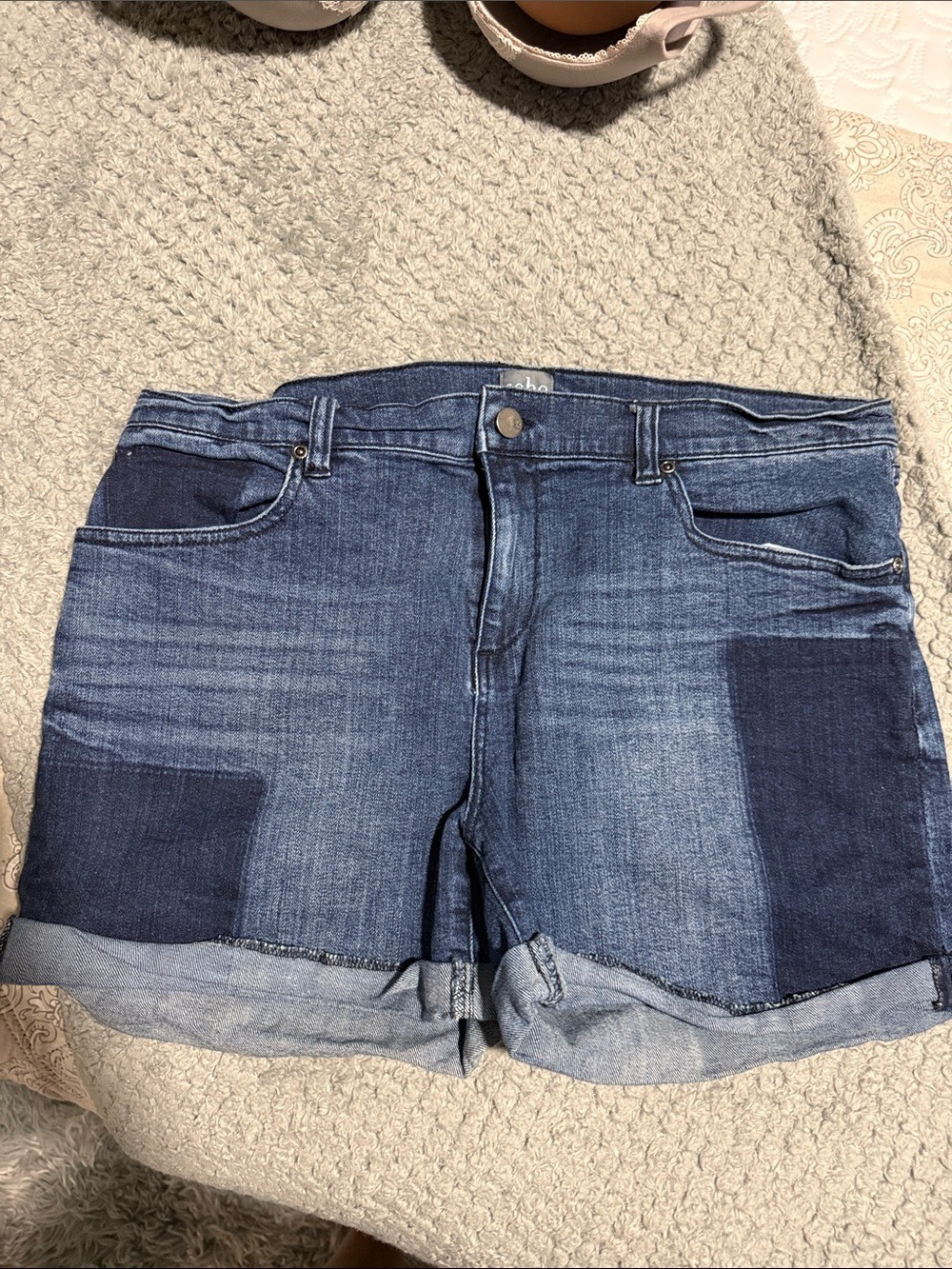 Soho Blue Patchwork Roll-Hem Denim Shorts